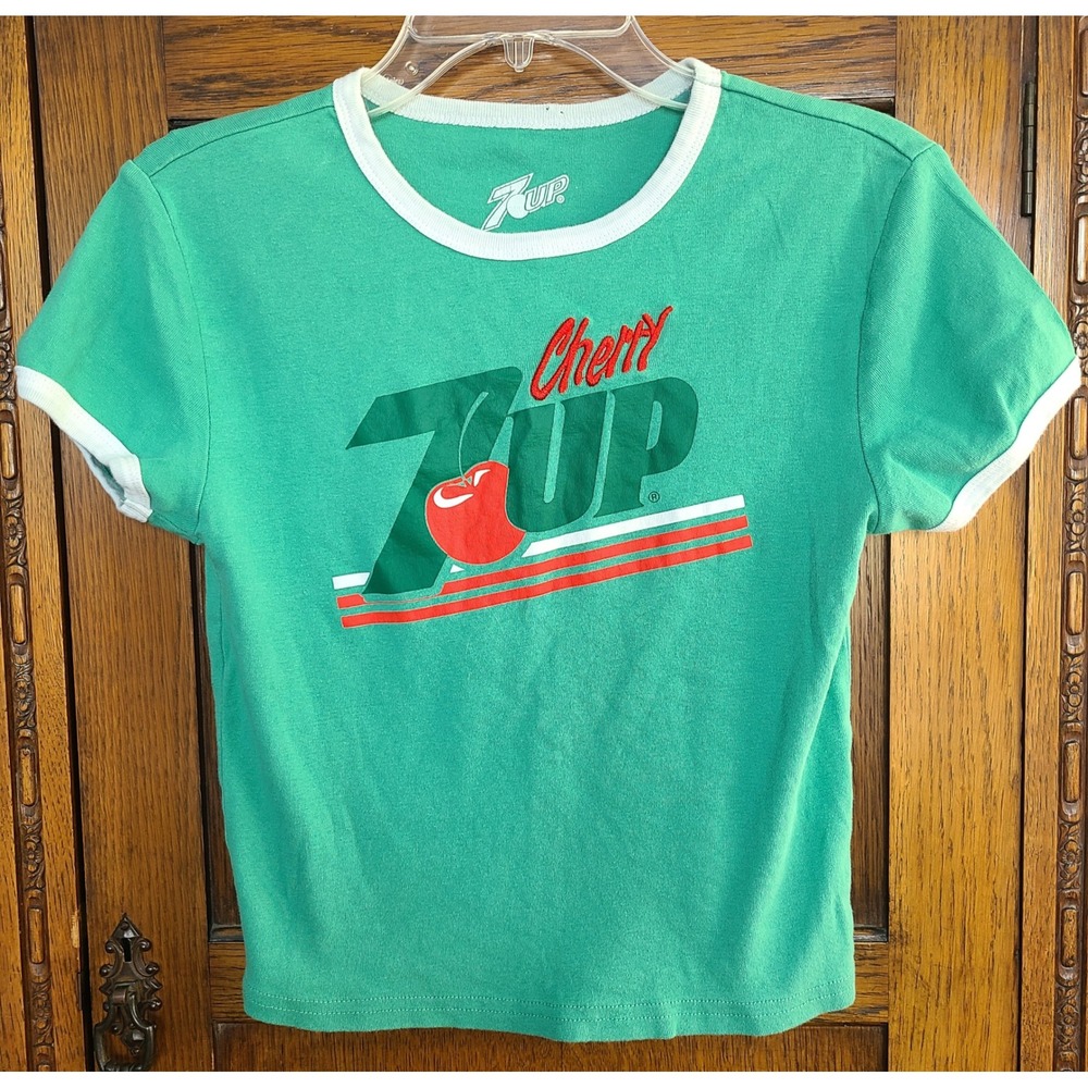 Cherry 7UP Ringer Baby Tee Green Graphic Crop Top Short Sleeve Womens Medium